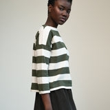 Leia-Sue Organic Cotton Jersey Stripe Top in Olive & Ecru Marl Stripe