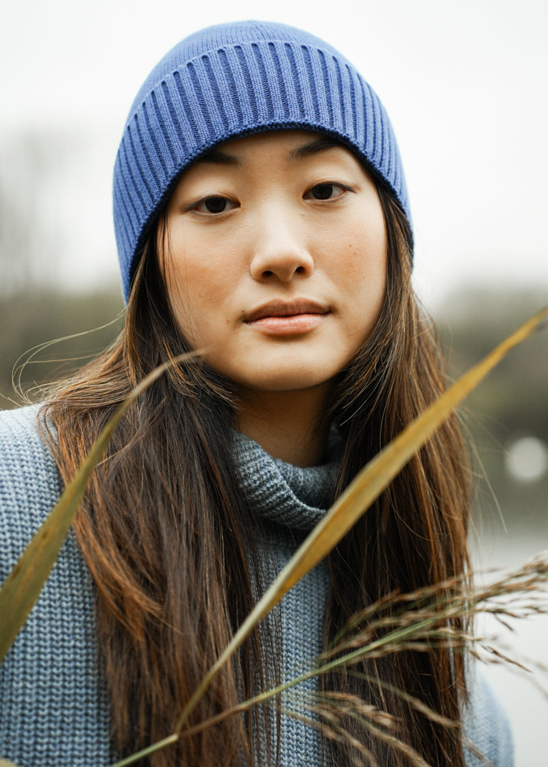 Evie Organic Cotton Knitted Hat in Ink Blue