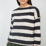 Leia-Sue Organic Cotton Stripe Jersey Top in Charcoal & Ecru Marl Stripe