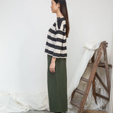 Leia-Sue Organic Cotton Stripe Jersey Top in Charcoal & Ecru Marl Stripe