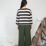 Leia-Sue Organic Cotton Stripe Jersey Top in Charcoal & Ecru Marl Stripe
