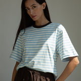 Bay-Sue Organic Cotton Jersey Stripe Top in Pale Blue & White Stripe