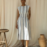Ottillie-Sue Organic Cotton Woven Dress in Beige Multi Stripe