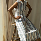 Ottillie-Sue Organic Cotton Woven Dress in Beige Multi Stripe
