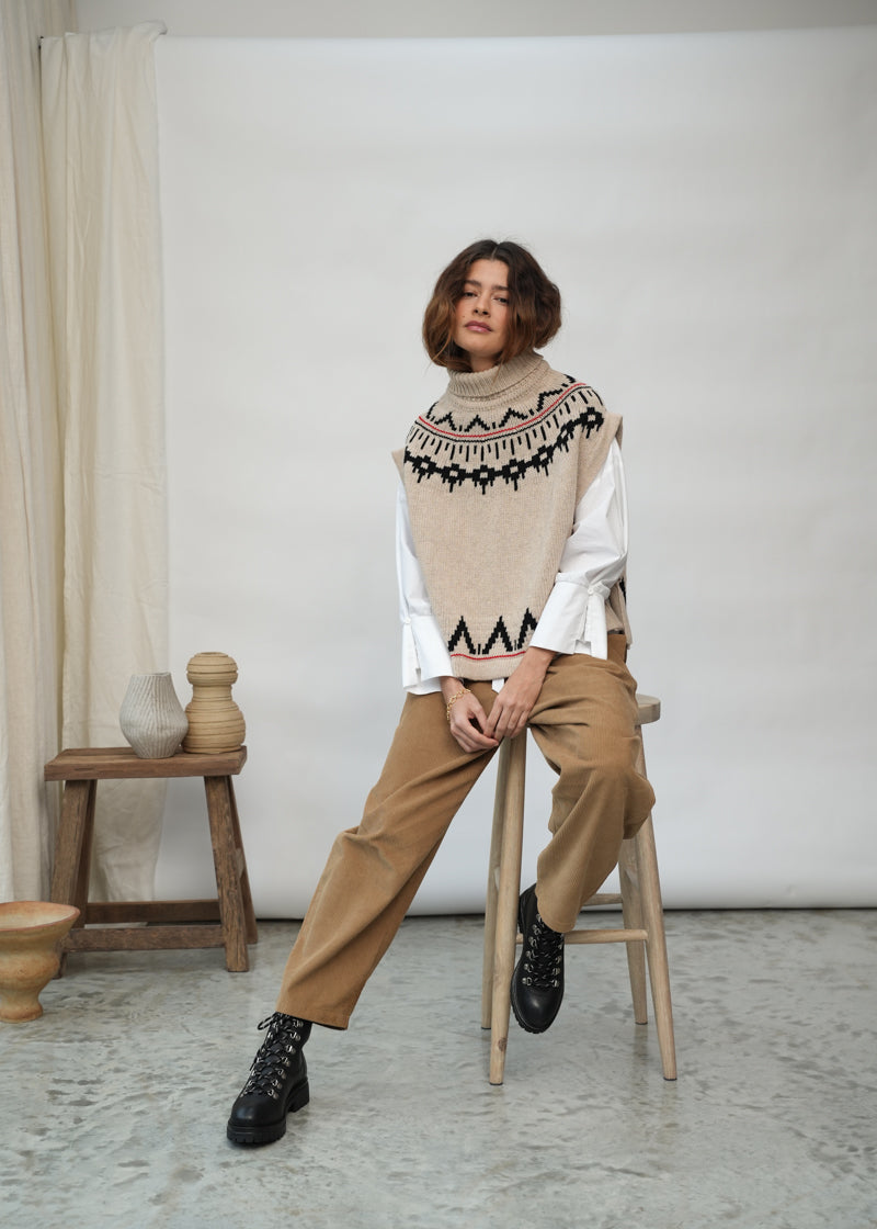 Kanon-Sue Recycled Wool Knitted Vest in Cream Marl Fairisle
