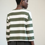 Leia-Sue Organic Cotton Jersey Stripe Top in Olive & Ecru Marl Stripe