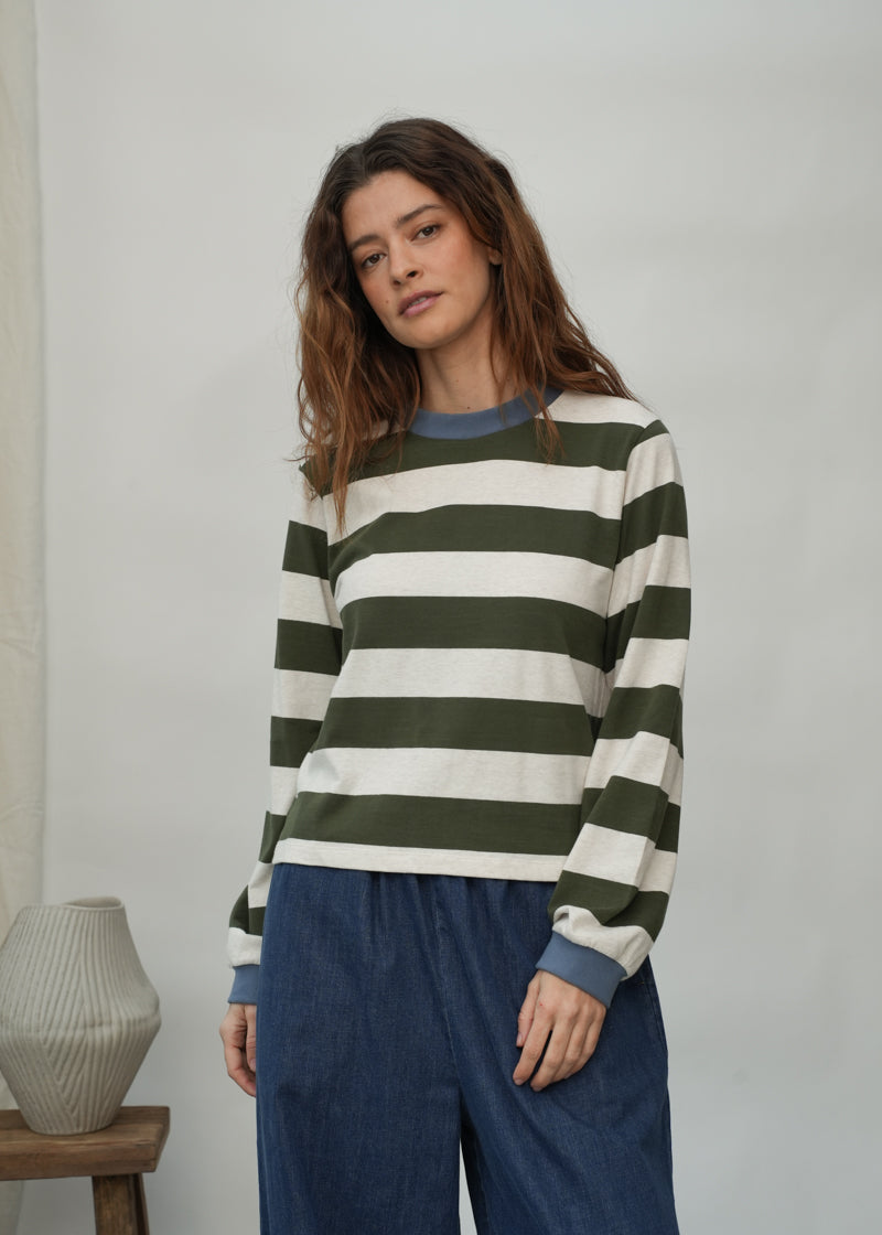 Sierra-Sue Organic Cotton Jersey Stripe Top in Olive & Ecru Marl Stripe