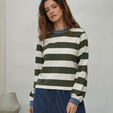 Sierra-Sue Organic Cotton Jersey Stripe Top in Olive & Ecru Marl Stripe