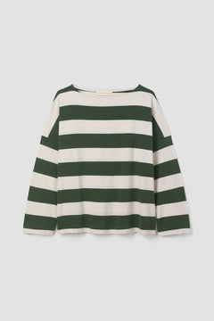 Leia-Sue Organic Cotton Jersey Stripe Top in Olive & Ecru Marl Stripe